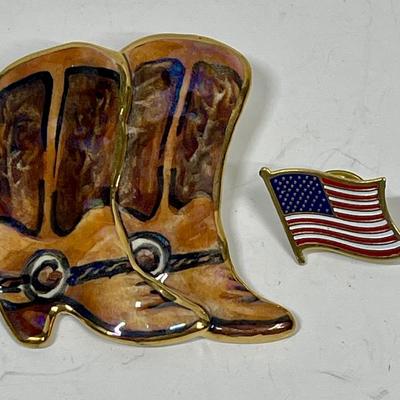 Cowboy Boots Brooch Pin and American Flag Lapel Pin