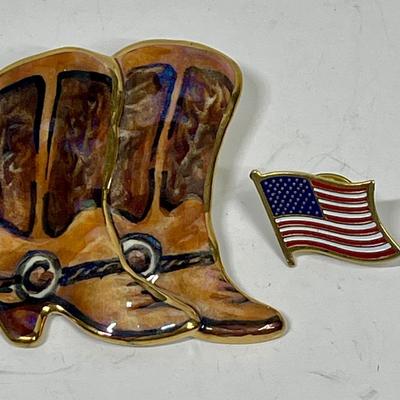 Cowboy Boots Brooch Pin and American Flag Lapel Pin