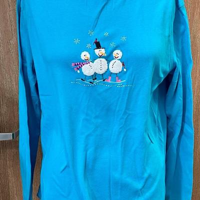 Women's Blue Long-Sleeve Snowman Christmas Shirt Size 1X