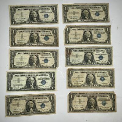 Lot of Ten 1957 Blue Seal $1 Silver Certificates