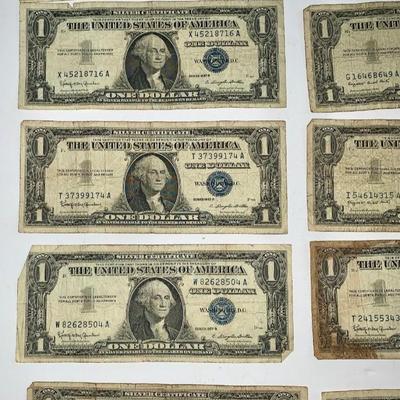Lot of Ten 1957 Blue Seal $1 Silver Certificates