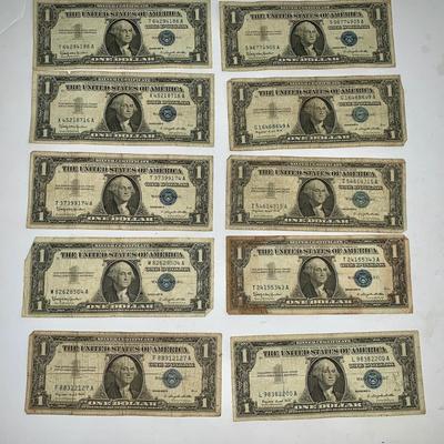 Lot of Ten 1957 Blue Seal $1 Silver Certificates