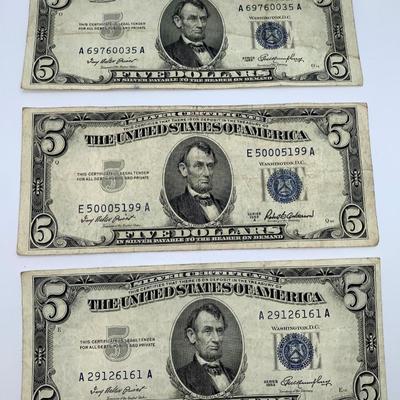 Lot of Three 1957 Blue Seal $5 Silver Certificates
