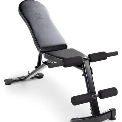 Sale Photo Thumbnail #527: Steel frame, multi-position backrest for sitting or laying flat workouts. 300 pound capacity.  Includes 2 adjustable dumbbells (each with 4 2.5kg widths), plus 4 extra 2kg weights and 4 extra 2.5kg weights, and a padded bar with threaded ends for creating