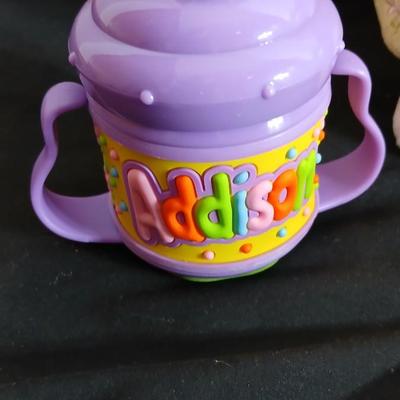 Brand new baby gifts - Addison personalized sippy cup - Hallmark Keepsake ornament- Rattles and more