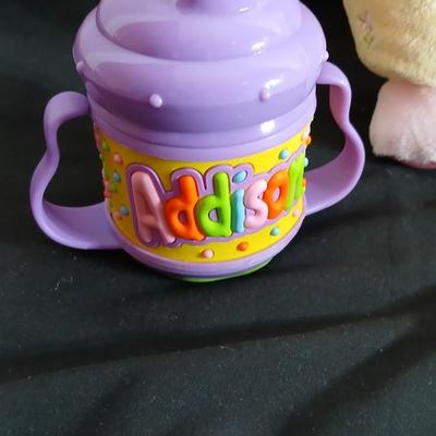 Brand new baby gifts - Addison personalized sippy cup - Hallmark Keepsake ornament- Rattles and more