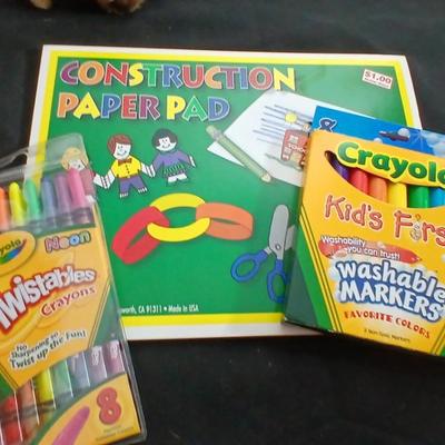 Foam number puzzle, Twistable Crayola's, stuffed animals and a small child sized backpack