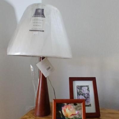 Brand new wood base lamp with two framed pictures