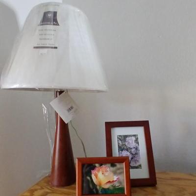 Brand new wood base lamp with two framed pictures