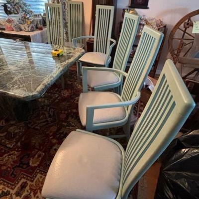 Lot 112 - 6 Green Dining Room Chairs Wooden with Vinyl Seats