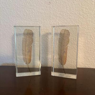 Lot 73 - Heavy Glass Feather Book Ends Paperweights