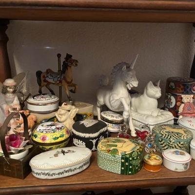 Lot 75 - Shelf of Trinket Boxes, Unicorn, Angel, Carousel Horse