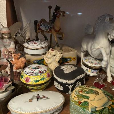 Lot 75 - Shelf of Trinket Boxes, Unicorn, Angel, Carousel Horse