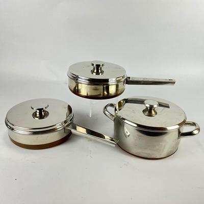 221 Set of 3 Mid Century Swedish Nils Johan Sweden Stainless and Copper Pan Set