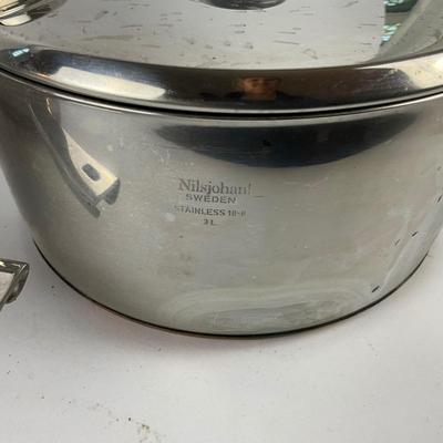 221 Set of 3 Mid Century Swedish Nils Johan Sweden Stainless and Copper Pan Set