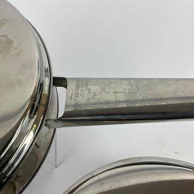 221 Set of 3 Mid Century Swedish Nils Johan Sweden Stainless and Copper Pan Set