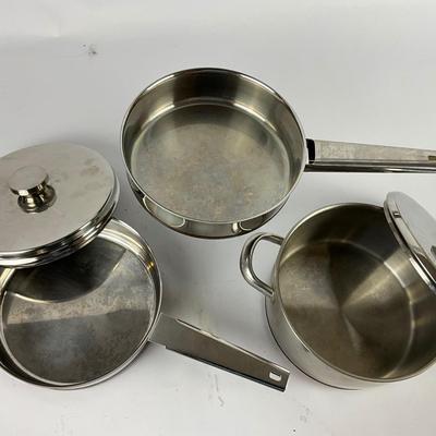 221 Set of 3 Mid Century Swedish Nils Johan Sweden Stainless and Copper Pan Set