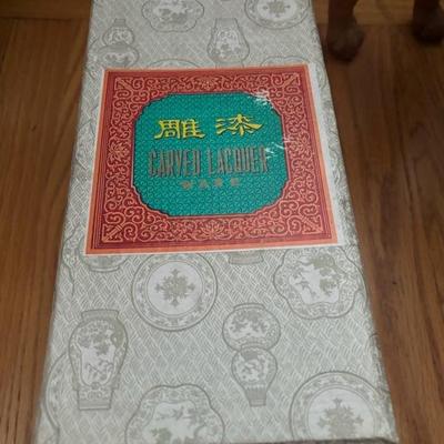 Lot 84 - Chinese Carved Lacquer Cinnabar Floral Vase Red & Black with Wood Stand 8”