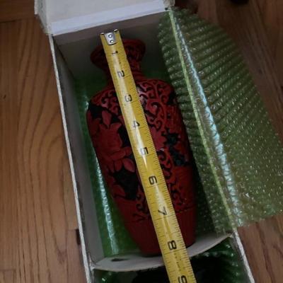 Lot 84 - Chinese Carved Lacquer Cinnabar Floral Vase Red & Black with Wood Stand 8”