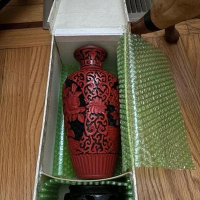 Lot 84 - Chinese Carved Lacquer Cinnabar Floral Vase Red & Black with Wood Stand 8”