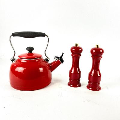 224 Chantal Red Enamel Teapot with Williams Sonoma Salt and Pepper Grinders