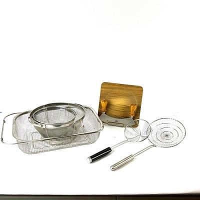 226 Large Stainless Colanders with Sur La Table Spider Skimmers, Mezzaluna Choppers