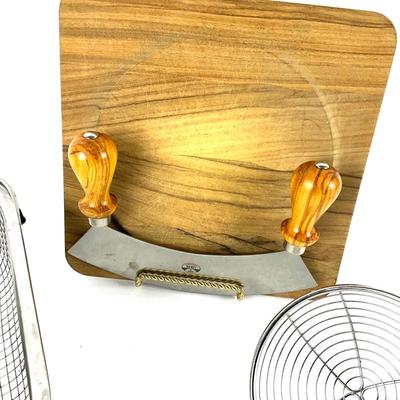 226 Large Stainless Colanders with Sur La Table Spider Skimmers, Mezzaluna Choppers