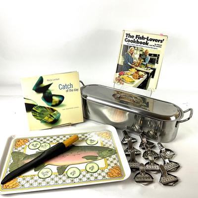 271 Large Inox Stainless Fish Poacher Pan with Tray, Cookbooks, Svenska Fish Knife, Lemon Squeezers