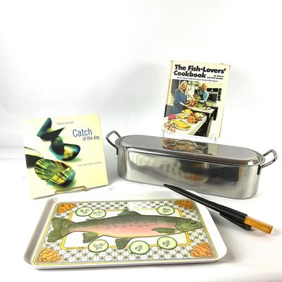 271 Large Inox Stainless Fish Poacher Pan with Tray, Cookbooks, Svenska Fish Knife, Lemon Squeezers