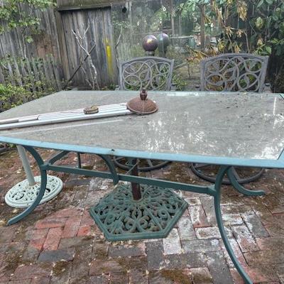 Lot 94 - Large Rectangular Patio Table, Umbrella Stand and 2 Chairs
