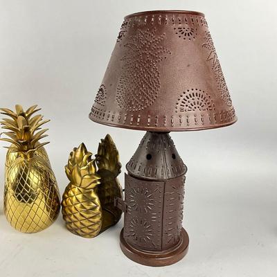 275 Punch Tin Lamp with Ethan Allen Brass Pineapple Candle Holders