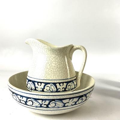 276 Dedham Pottery Bowl and Pitcher with Shard Bunny and Mexican Pottery