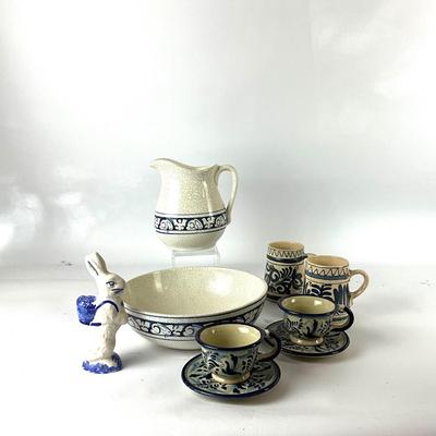 276 Dedham Pottery Bowl and Pitcher with Shard Bunny and Mexican Pottery