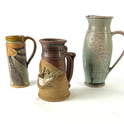 277 Bumblebee Pottery Mug, Russell Turnage Fish Pitcher and Character Mug