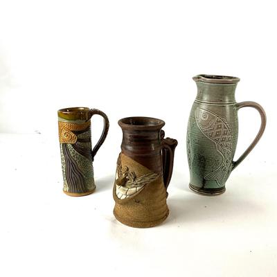 277 Bumblebee Pottery Mug, Russell Turnage Fish Pitcher and Character Mug
