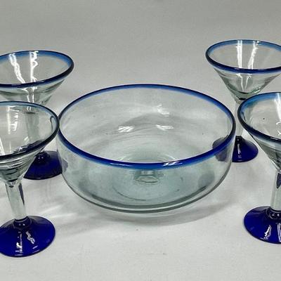 Vintage Lot of Hand Blown Mexican Cobalt Bubble Martini Glasses and Bowl