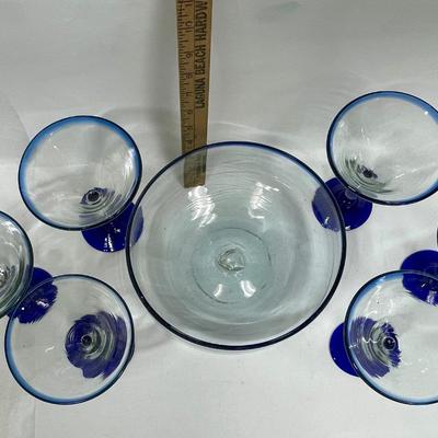 Vintage Lot of Hand Blown Mexican Cobalt Bubble Martini Glasses and Bowl