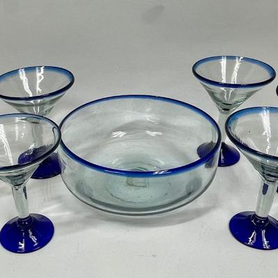 Vintage Lot of Hand Blown Mexican Cobalt Bubble Martini Glasses and Bowl