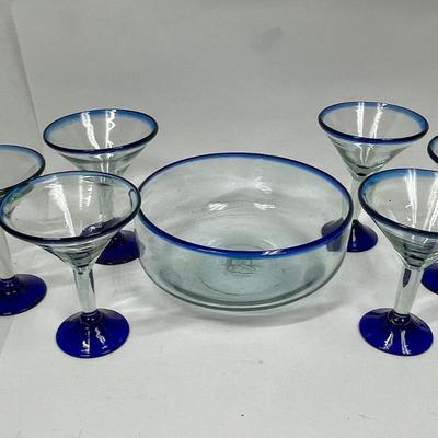 Vintage Lot of Hand Blown Mexican Cobalt Bubble Martini Glasses and Bowl