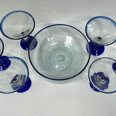Vintage Lot of Hand Blown Mexican Cobalt Bubble Martini Glasses and Bowl