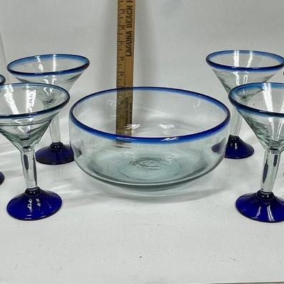 Vintage Lot of Hand Blown Mexican Cobalt Bubble Martini Glasses and Bowl