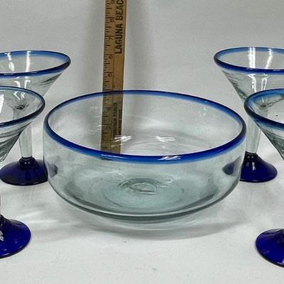 Sale Photo Thumbnail #87: All are hand made, so there are slight imperfections.  In good condition. Bowl is 4" high, glasses are 6" high.