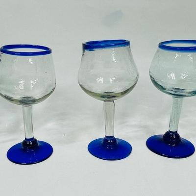 Vintage Lot of 5 Hand Blown Mexican Cobalt Bubble Glass Goblets