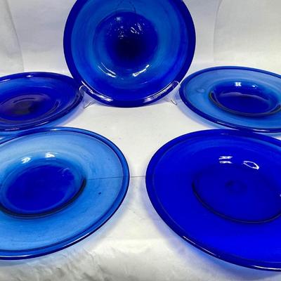 Five Large Cobalt Blue Blown Glass Plates from Mexico