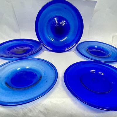Five Large Cobalt Blue Blown Glass Plates from Mexico