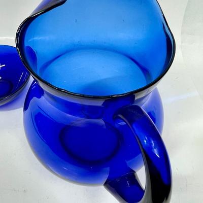 Cobalt blue blue glass pitcher & bowl