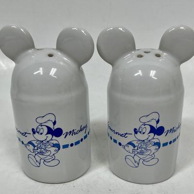 Vintage Pair of Gourmet Mickey Ceramic Salt and Pepper Shakers White and Blue