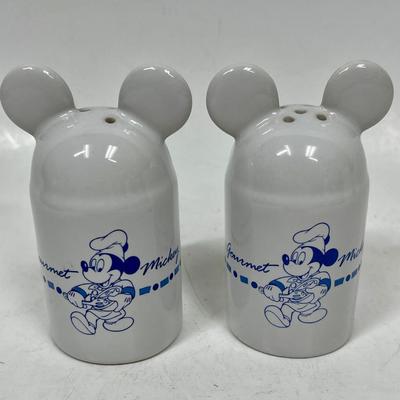 Vintage Pair of Gourmet Mickey Ceramic Salt and Pepper Shakers White and Blue