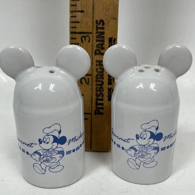 Vintage Pair of Gourmet Mickey Ceramic Salt and Pepper Shakers White and Blue