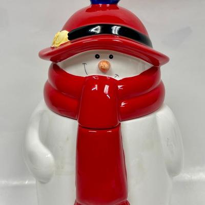 Houston Harvest Gifts Porcelain Snowman Cookie Jar Plays Music when Top Removed